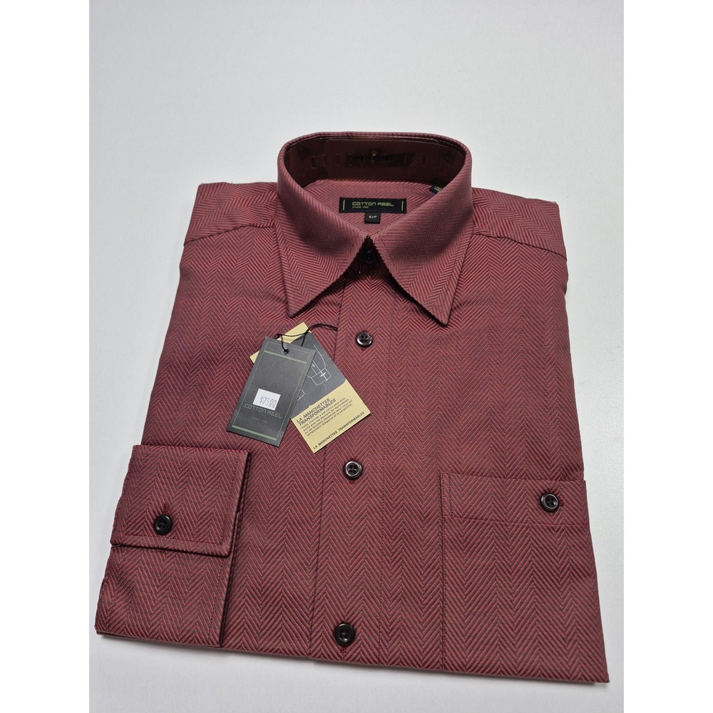 Cotton Reel Dress Shirt Mens S Red Herringbone Twill 100% Cotton Long Sleeve